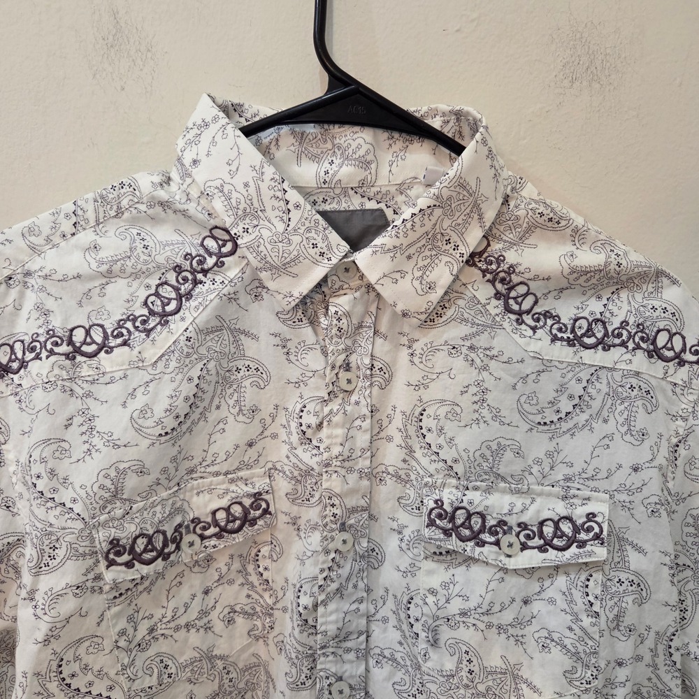 John Lennon Paisley Button Down Shirt XL White Purple Embroidered Western Yoke